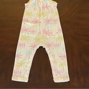 Grayson Mini Comfy Kids Cream and Pink Palm Tree Print Jumpsuit Size 3T